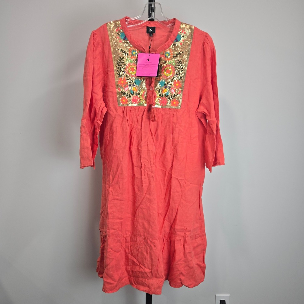 K Design Women XL Linen Embroidered‎ Sequin Tunic Midi Dress Floral Coral NWT